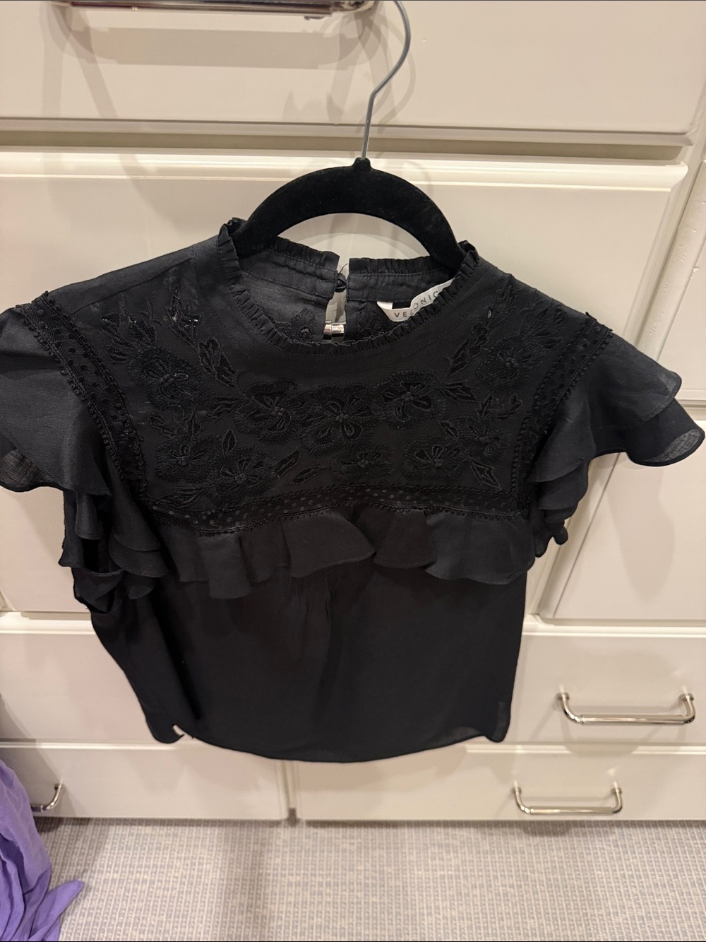 Veronica Beard Black Embroidered Ruffle Sleeve Blouse